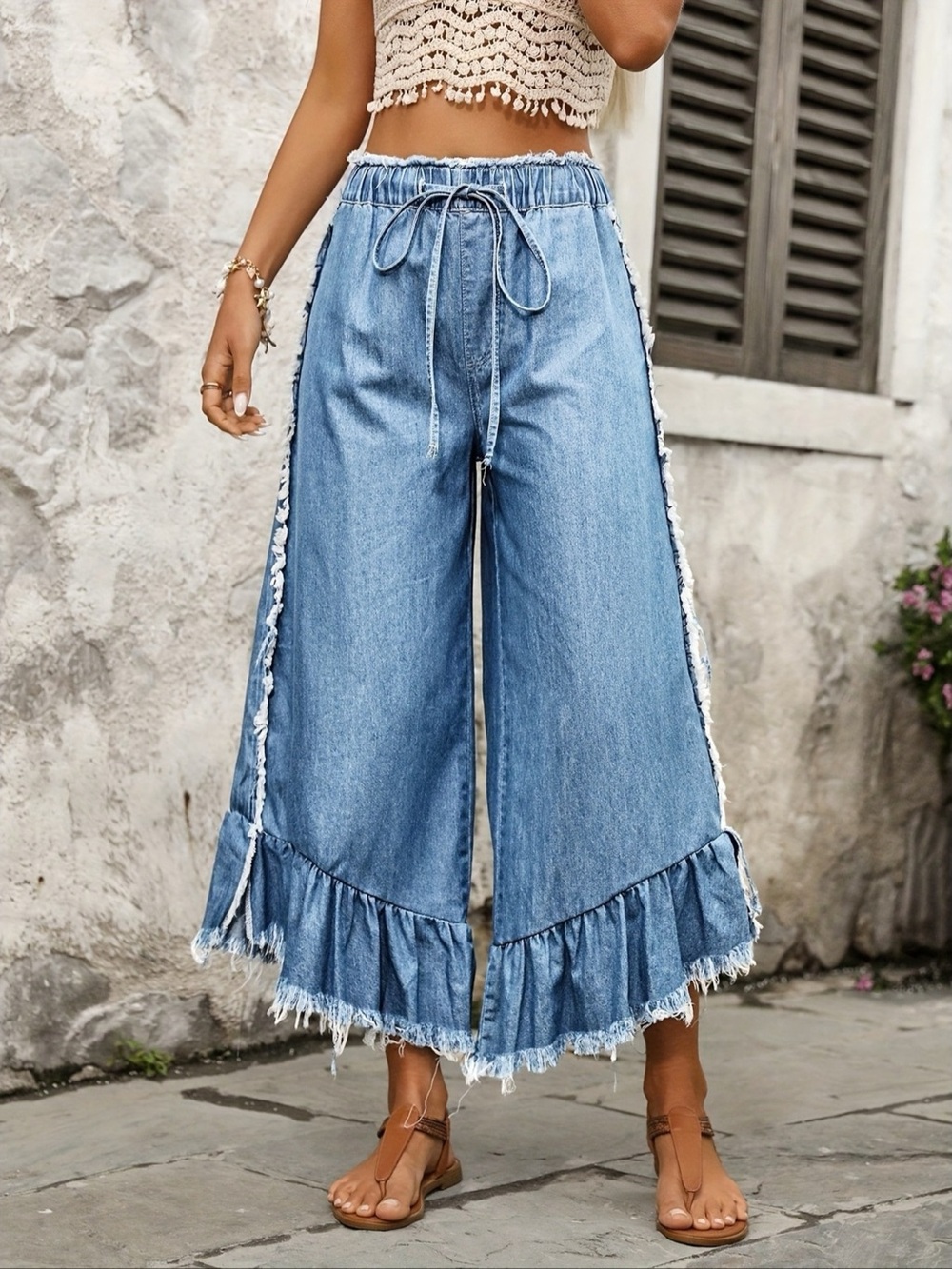 Drawstring Wide-Leg Ruffle Hem Jeans - Picture 3 of 5